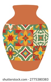Traditional ceramic vase shape featuring beautiful patchwork of colorful geometric and floral mosaic tile patterns.
