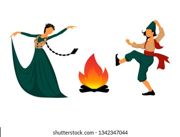 traditional characters representing winter and spring dancing around bonfire and celebrating Novruz Bayram holiday, kosa and lady Bahar in national clothes vector illustration