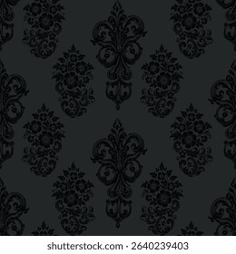 Traditional charcoal damask seamless pattern featuring ornate floral bouquets and classic motifs. A dark, luxurious design for vintage wallpaper, fabric, and interiors.