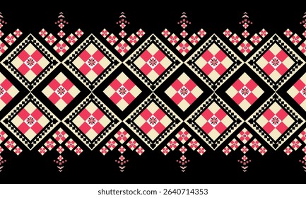 Traditional checkered ethnic pattern with geometric diamond shapes in red, cream, and black, perfect for folk embroidery, tribal textile, digital prints, and vintage crafts.
