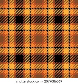 Traditionelles kariertes Tartan-Plaid-Muster in Orange und Schwarz. Abstraktes geometrisches nahtloses Muster. Schottisches Retro-Textildesign