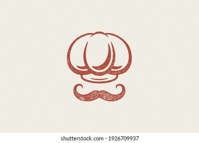 Traditional chef cook hat and mustache silhouette designed as emblem for restaurant stamp vector illustration. Vintage grunge texture on old paper for packaging and menu design or label decoration.