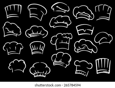 Traditional chef toques or hats in outline sketch style isolated on black background suited for restaurant or cafe menu design