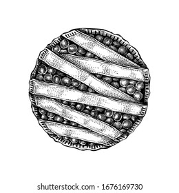 Traditional cherry pie sketch. Vector illustration of ink hand drawn fruit and berry baking. Homemade cherry cake drawing. Sweet bakery. Top view dessert food for restaurant or cafe menu, recipes. 