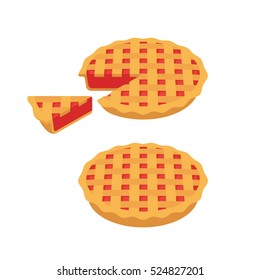 Traditional Cherry Or Strawberry Pie With Lattice, Whole And Slice. Vector Illustration.