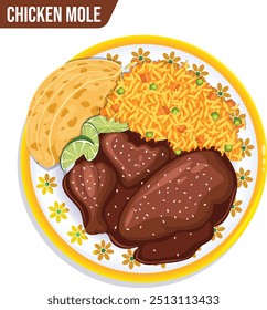 Mole de frango tradicional com arroz mexicano, tortilhas torradas, cal e sementes de gergelim enfeite em uma placa colorida com um design floral - autêntico prato mexicano Top View Vetor Ilustração