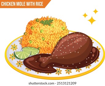 Mole de frango tradicional com arroz mexicano e cal guarnecido com sementes de gergelim e salsa em um prato com design floral - autêntica cozinha mexicana Vetor Art 