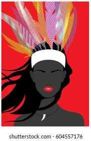 Traditional Chief Indian woman wearing feather Headdress. Vector illustration. 