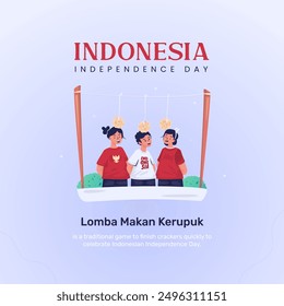Traditional children's game of lomba makan kerupuk means cracker eating competition to celebrate Indonesian independence day, Vector illustration
