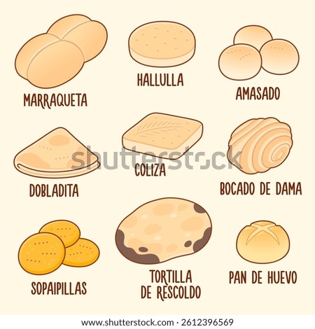 Traditional Chilean bread illustration set. Marraqueta, hallula, dobladita, pan amasado. Cartoon drawing, vector illustration.
