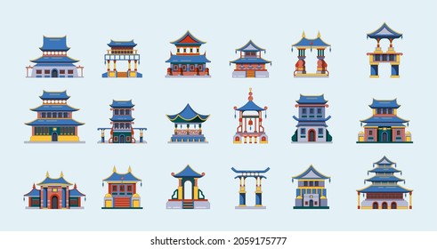 Traditional china buildings. Ancient japan or china houses cultural places for travellers garish vector cartoon set isolated