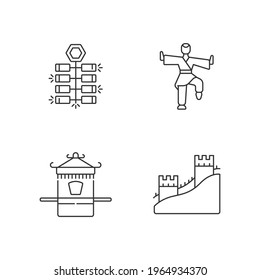 Traditional China linear icons set. Chinese firecrackers. Kung Fu. Sedan chair. Great Chinese Wall. Customizable thin line contour symbols. Isolated vector outline illustrations. Editable stroke