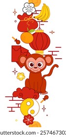 Traditional China new year elements seamless vertical border 2028 year of monkey Isolated. Graphic line Vector Illustration. Lunar New Year Decorative Banner. Chinese New Year Elements Set
