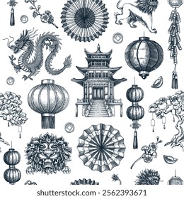 Traditional China seamless pattern. Chinese New Year dbackground. Hand-drawn vector illustrations. NOT AI generated