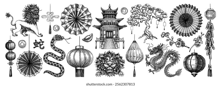 Traditional China sketches set. Lunar New Year decoration. Hand-drawn vector illustrations. NOT AI generated