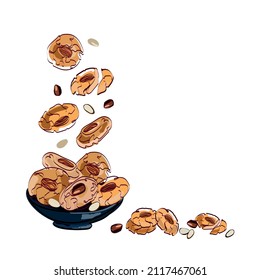 Traditional Chinese Almond Cookies flying and falling into a bowl,hand drawn in doodle sketch style,isolated on white background.Asian dessert,sweet food vector illustration