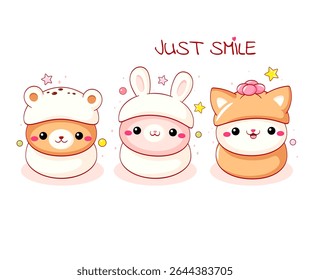 Traditional Chinese animal-shaped mantou buns. Cute oriental dessert in kawaii style. Inscription Just smile. Can be used for t-shirt print, sticker, greeting card. Vector illustration EPS8