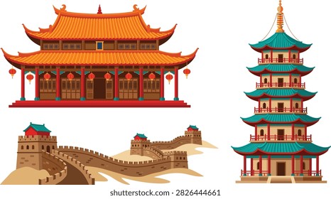Traditional Chinese architecture set with temple, pagoda, and Great Wall, vector illustration