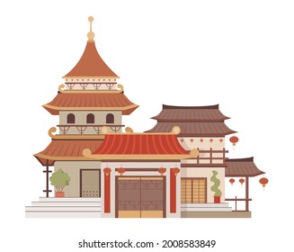 Traditional Chinese Architecture Vector Flat Illustration Isolated On White. Beautiful And Colorful Asian Building. China House, East Architectural Object. Pagoda Or Asian Temple In Oriental Style.