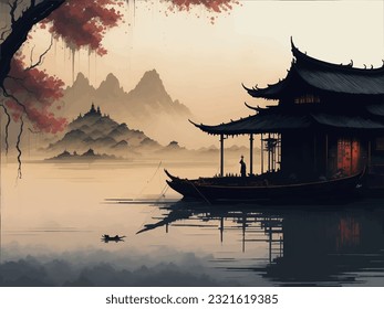 Traditional chinese, asian street with chinese buildings, pagoda, temple, house. China town city landmarks landscape, Japan building architecture. Happy Chinese New Year greeting card vector