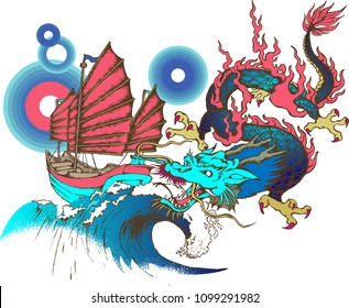 traditional Chinese boat and dragon. Vector illustration