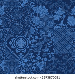 Traditional Chinese brocade silk fabric patchwork vintage vector seamless pattern for kerchief shirt fabric tablecloth wrapping pillow