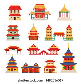 Traditional Chinese Buildings, Asian Architecture Chinatown. Chinese Townscape With Pagoda, Temple, House. China Town City Lanmarks Landscape Cartoon Vector Illustration Design Element