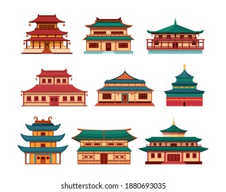 Traditional chinese buildings, asian architecture chinatown. China townscape with pagoda, temple, house. China town city landmarks landscape, Japan building architecture palace pagoda cartoon vector