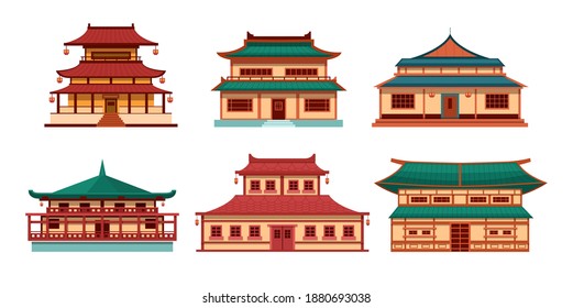 Traditional Chinese Buildings, Asian Architecture Chinatown. China Townscape With Pagoda, Temple, House. China Town City Landmarks Landscape, Japan Building Architecture Palace Pagoda Cartoon Vector