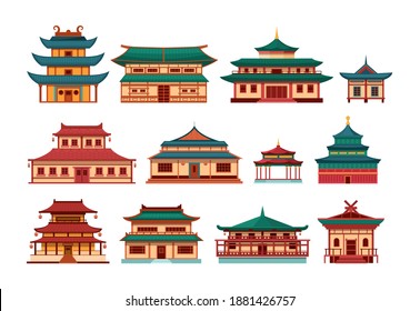 Traditional Chinese Buildings, Asian Architecture Chinatown. China Townscape With Pagoda, Temple, House. China Town City Landmarks Landscape, Japan Building Architecture Palace Pagoda Cartoon Vector