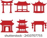 Traditional Chinese Buildings, Chinatown Asian Architecture. With Pagoda, Temple and Castle. Vector Illustration.
