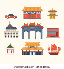 Traditional Chinese Buildings, Hong Kong travel elements. Vector Illustration Collection