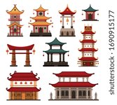 Traditional Chinese Buildings Set, Pagoda, Ancient Temple, Gate, Cultural Oriental Architecture Objects Vector Illustration