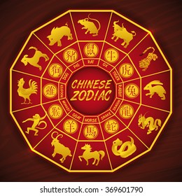 Traditional Chinese calendar with all zodiac animals silhouettes.