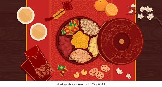 Traditional Chinese candy box with treats on a table, Chinese New Year celebration concept