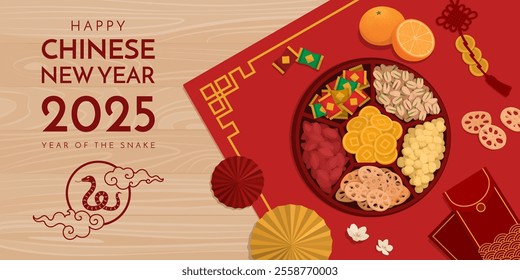 Traditional Chinese candy box with treats on a table, Chinese New Year celebration concept, banner with copy space