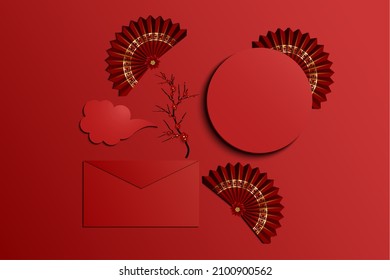 Traditional Chinese with celebratory flower clouds and twigs.