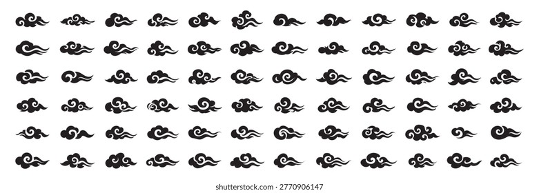 Traditional Chinese cloud and wave icons set. Decorative oriental black silhouette collection.