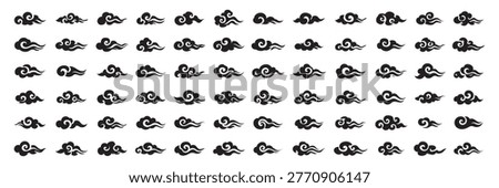 Traditional Chinese cloud and wave icons set. Decorative oriental black silhouette collection.