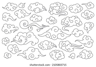 Traditional chinese clouds, asian oriental style cloud. Japanese sky doodle elements, china festive decorative ornaments vector set. Sky outline asian elements collection isolated on white