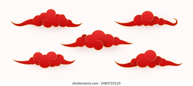 Traditional Chinese clouds collections with red and gold color in paper style. Elements for oriental design for asian, Chinese New Year or Mid Autumn