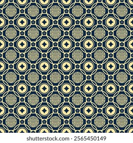 Traditional Chinese coin seamless pattern. Oriental ornament decor in dark blue and gold color tone. Vector design for background, wallpaper, wrapping paper, carpet, textile, fabric, backdrop, woven.