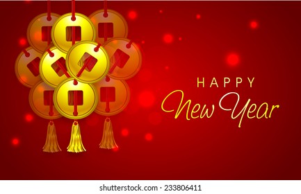 Traditional Chinese coins hanging on shiny red background for Happy New Year celebrations, can be used as poster, banner or flyer.
