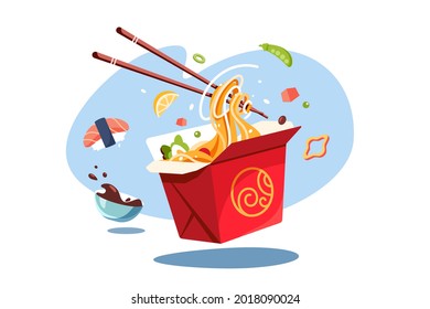 Traditional chinese cuisine with chopsticks vector illustration. Noodles oriental food with spices and fish flat style. Asian meal concept