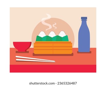 Traditional chinese cuisine, rice, bowls and drinks. gathering food set. Character design. Collection of vector flat illustrations