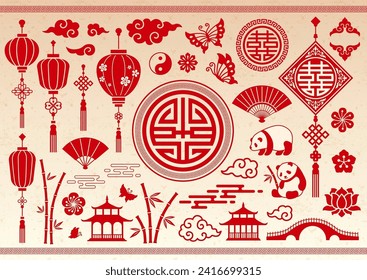 Traditional chinese cultural object set, asian decorative design elements