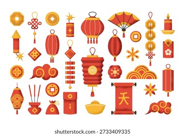 Traditional Chinese decorative geometric elements isolated set in cultural motifs and colors