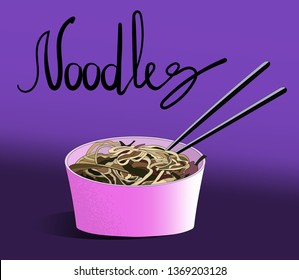 Traditional Chinese dish chow mein. Chinese fried noodles on a purple background. Lettering. Chinese street food. Asian cuisine. Vector hand drawn illustration.