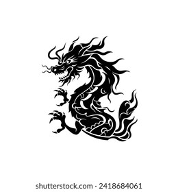 Traditional Chinese Dragon black silhouette icon isolated on white background.