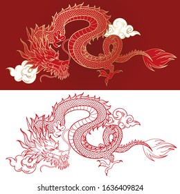 Traditional chinese Dragon and clouds. Asian vector illustration. Mythological creature sketch hand drawn. Red serpent and clouds with golden outline drawing